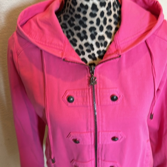 Women’s BCBG pink jacket with hoodie, cross/embellishments, size L - Picture 6 of 14